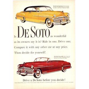 1950 DeSoto Sportsman Coupe & Convertible Vintage Print Ad Classic Car Wall Art